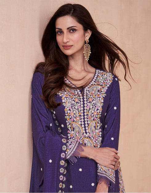 Traditional Function Wear Heavy Dolla Silk Readymade Suit Collection Purple Dolla Silk Palazzo Suit Front View